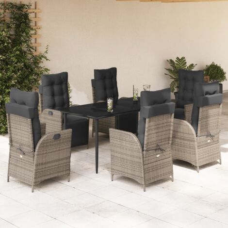 Ensemble à Manger Jardin 7 Pièces - Table Verre Trempé 160x80cm + 6 Chaises Relax Gris Rotin avec Coussins Lavables - Design Moderne pour Terrasse