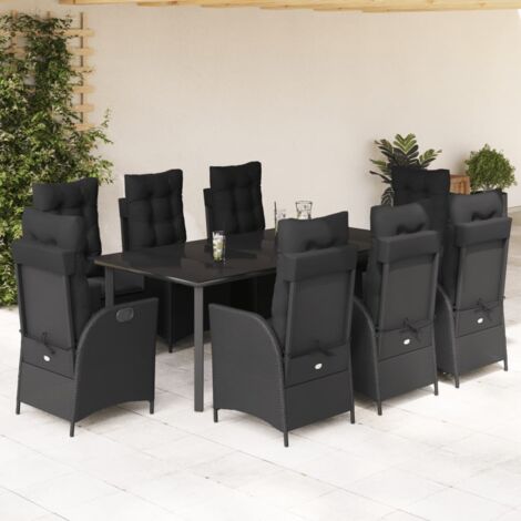 Ensemble à Manger Jardin 9 Pièces Noir  Résine Tressée  Table Verre Trempé 200x100cm  8 Fauteuils Inclinables avec Coussins Amovibles  Housse Imprégnée  Meubles d'Extérieur