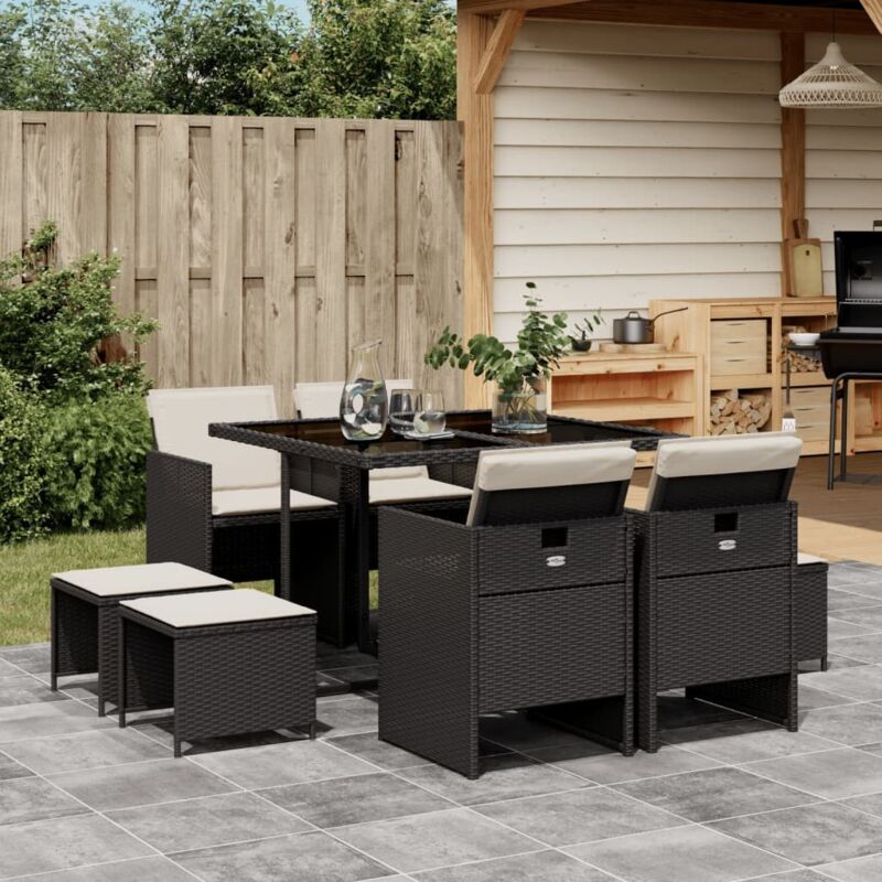 Ensemble à manger jardin 9pcs et coussins noir résine tressée, Noir, 3210594