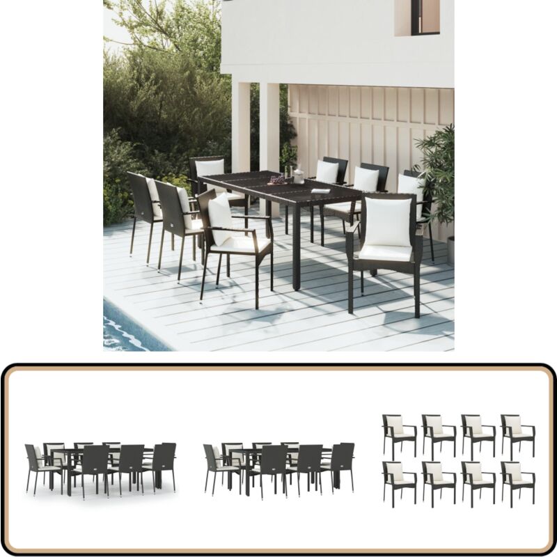 Ensemble à manger jardin 9pcs et coussins noir résine tressée - Salon De Jardin - Mobilier De Jardin - Set De Jardin - Table De Jardin - Chaises De