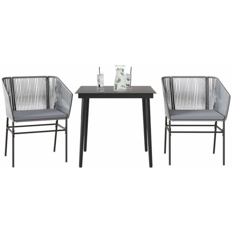 Ensemble à manger jardin coussins 3 pcs-Salon de jardin-Ensemble repas d'extérieur gris poly rotin verre 113359