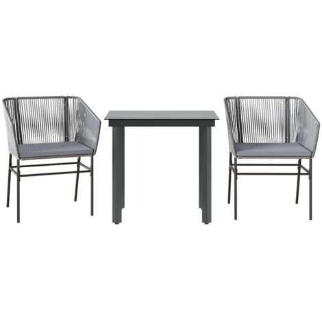 Ensemble à manger jardin coussins 3 pcs，Salon de jardin gris poly rotin verre CFW20997
