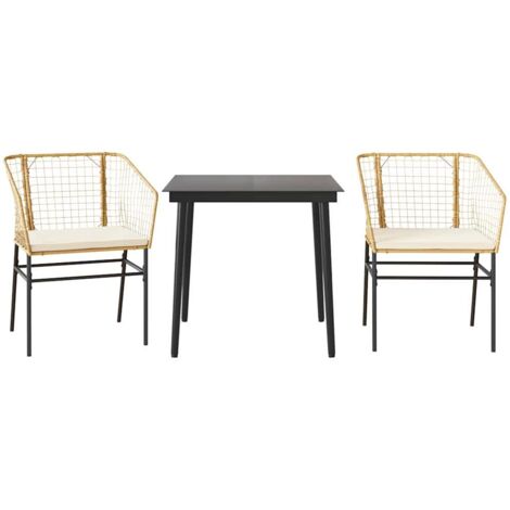 Ensemble à manger jardin coussins 3 pcs，Salon de jardin marron poly rotin verre CFW72569