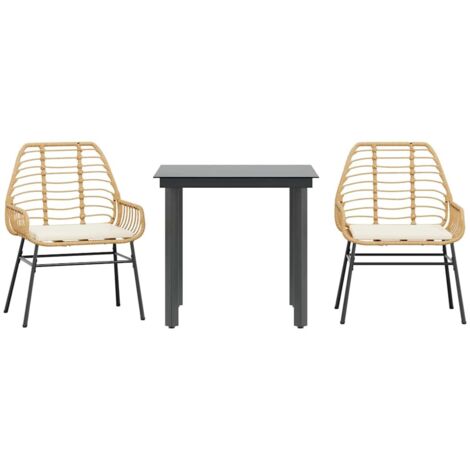 Ensemble à manger jardin coussins 3 pcs，Salon de jardin marron poly rotin verre CFW90027