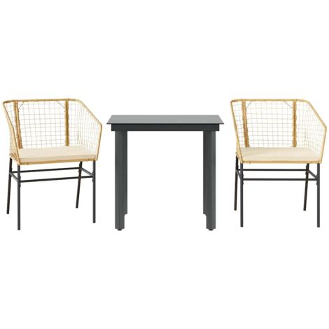 Ensemble à manger jardin coussins 3 pcs，Salon de jardin marron poly rotin verre CFW96587