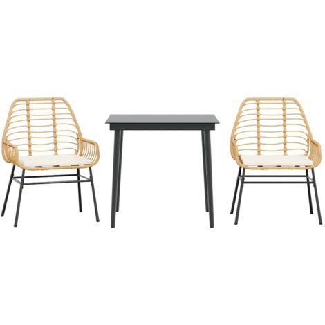 Ensemble à manger jardin coussins 3 pcs，Salon de jardin marron poly rotin verre CFW96897