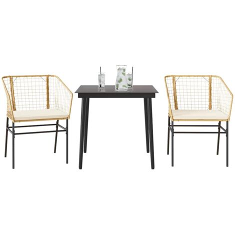 Ensemble à manger jardin coussins 3pcs-Salon de jardin-Ensemble repas d'extérieur marron poly rotin verre 626978