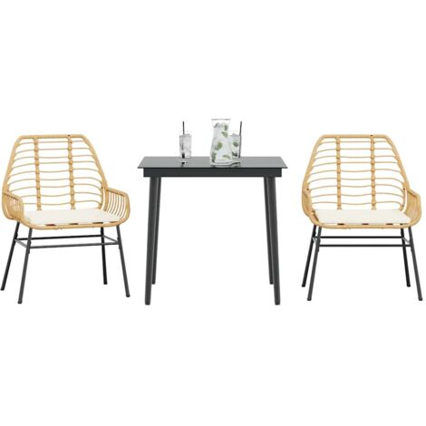 Ensemble à manger jardin coussins 3pcs-Salon de jardin-Ensemble repas d'extérieur marron poly rotin verre 994487
