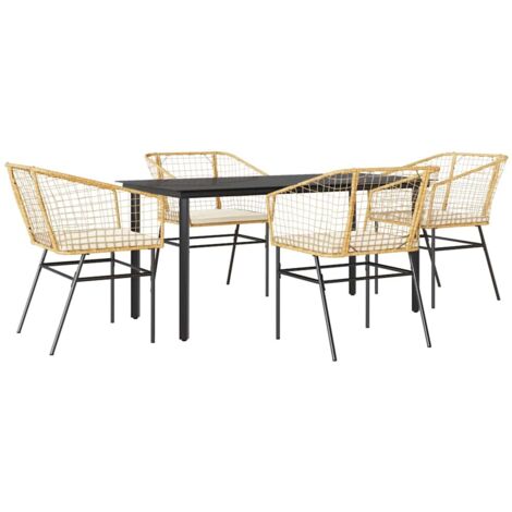 Ensemble à manger jardin coussins 5pcs  Mobilier de jardin marron poly rotin verre