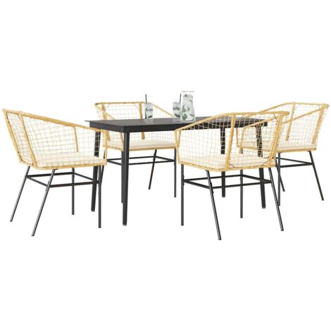 Ensemble à manger jardin coussins 5pcs-Salon de jardin-Ensemble repas d'extérieur marron poly rotin verre 147526