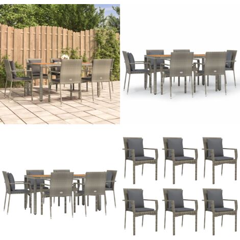Ensemble à manger jardin et coussins 7 pcs gris rotin - Salon De Jardin - Mobilier De Jardin - Set De Jardin - Table Basse - Chaises De Jardin - Home & Living