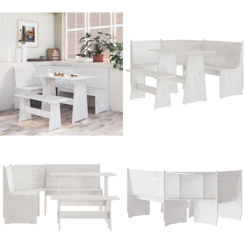 Ensemble à manger reine 3 pcs blanc bois de pin massif - Ensemble De Salle à Manger - Table De Salle à Manger - Chaise De Salle à Manger - Banc De