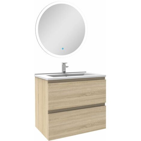 Ensemble Acezanble meuble Salle de Bain Chêne Wotan 60cm simple vasque + miroir lumineux rond