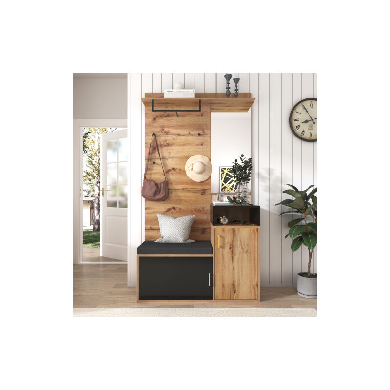 Vestiaire d'entrée, porte manteau avec miroir, armoire à chaussures, banc et patère, noir
