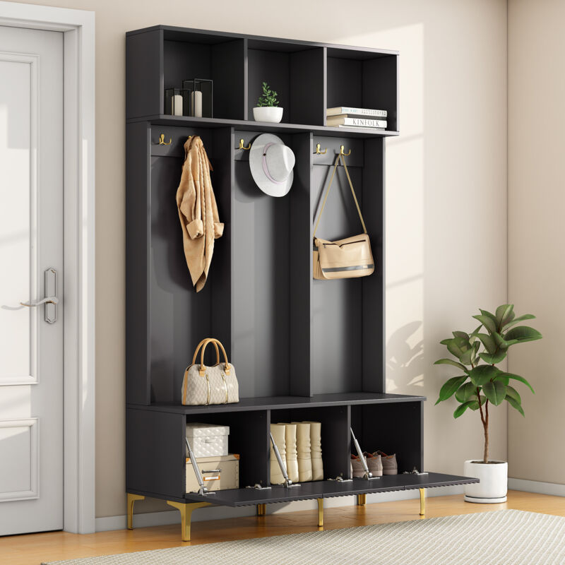 Ensemble armoire avec banc, banc de rangement multifonctionnel, rangement ouvert, 6 crochets et pieds dorés, adapté au couloir, au salon, noir,