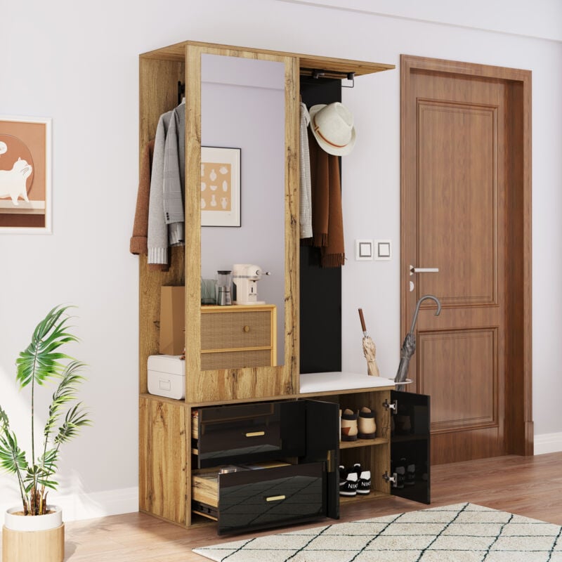 Redom - Ensemble armoire avec miroir, meuble à chaussures, banc à chaussures avec crochets et cintres rétractables, noir et naturel
