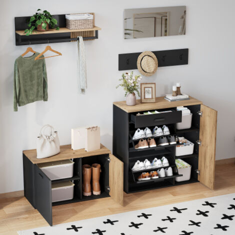Ensemble armoire, commode, miroir, 2 meubles à chaussures, sans décoration, panneau porte-manteau avec miroir, étagère à chapeaux et 4 crochets, meuble à chaussures avec banc intégré, entrée avec cloi