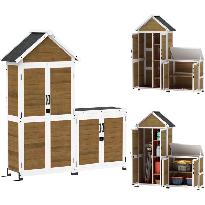 Ensemble armoire de jardin avec coffre extérieur assorti - 2 + 2 portes - 3 + 1 étagères - toit bitumé noir bois lasuré blanc