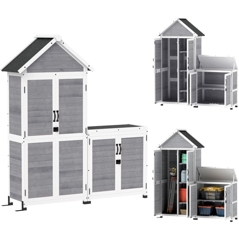 Ensemble armoire de jardin avec coffre extérieur assorti - 2 + 2 portes - 3 + 1 étagères - toit bitumé noir bois gris blanc