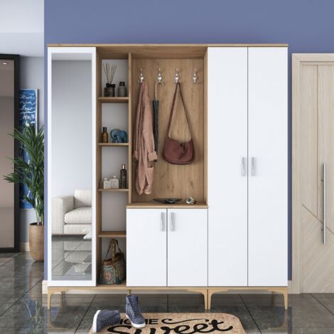 Ensemble armoire de rangement et porte manteau Laska style scandinave en  bois Chêne clair et Blanc