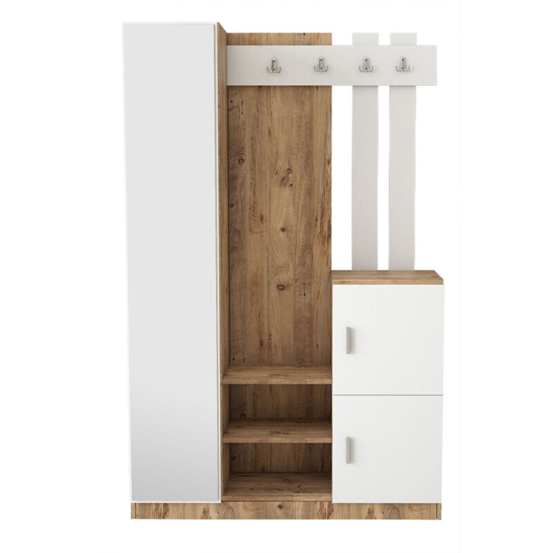 Cotecosy - Porte-manteau en Pin Atlantique et Blanc avec Nombreuses Étagères, 113,6x179,7 cm, Pour Entrée ou Couloir Cotecosy - Porte-manteau en Pin Atlantique et Blanc avec Nombreuses Étagères, 113,6x179,7 cm, Pour Entrée ou Couloir