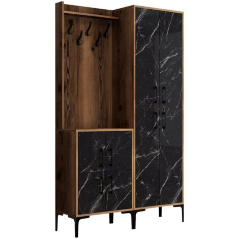 Ensemble armoire de rangement et porte manteau Shera en bois Chêne foncé et Effet marbre Noir