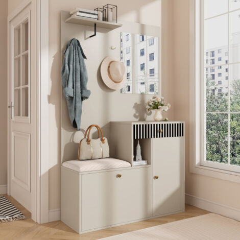 Ensemble armoire d'entrée en panneau de bois avec miroir et coussins rembourrés, meuble mural design pratique pour entrée et couloir