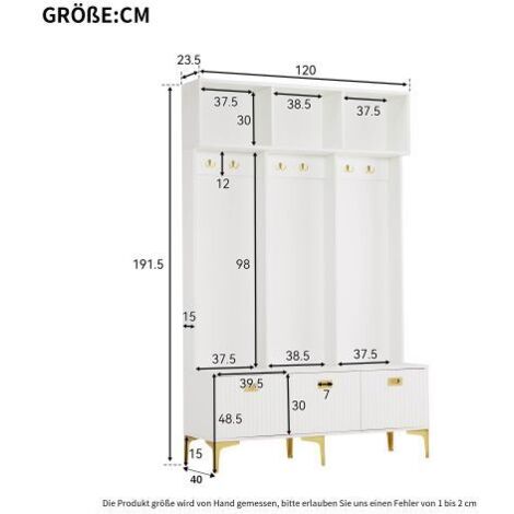 Ensemble armoire d'entrée en panneau de bois blanc, banc multifonction à rangement ouvert, 6 crochets et pieds dorés, design chic pour entrée et salon