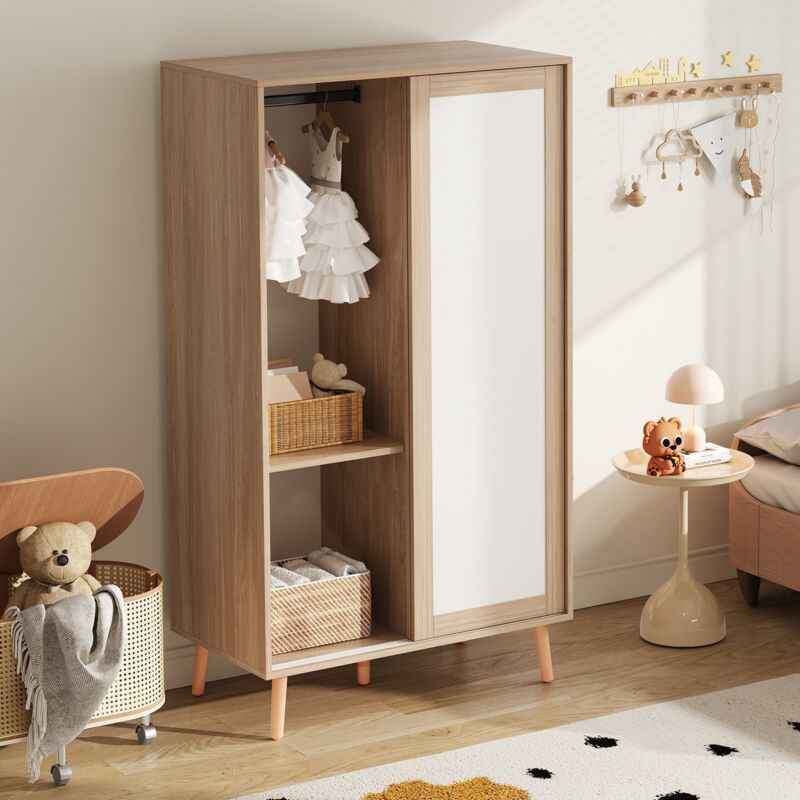 Armoire enfant 80x46x141.5 cm - Tringle à vêtements - 2 portes coulissantes - Pieds en bois massif - Blanc+naturel Armoire enfant 80x46x141.5 cm - Tringle à vêtements - 2 portes coulissantes - Pieds en bois massif - Blanc+naturel