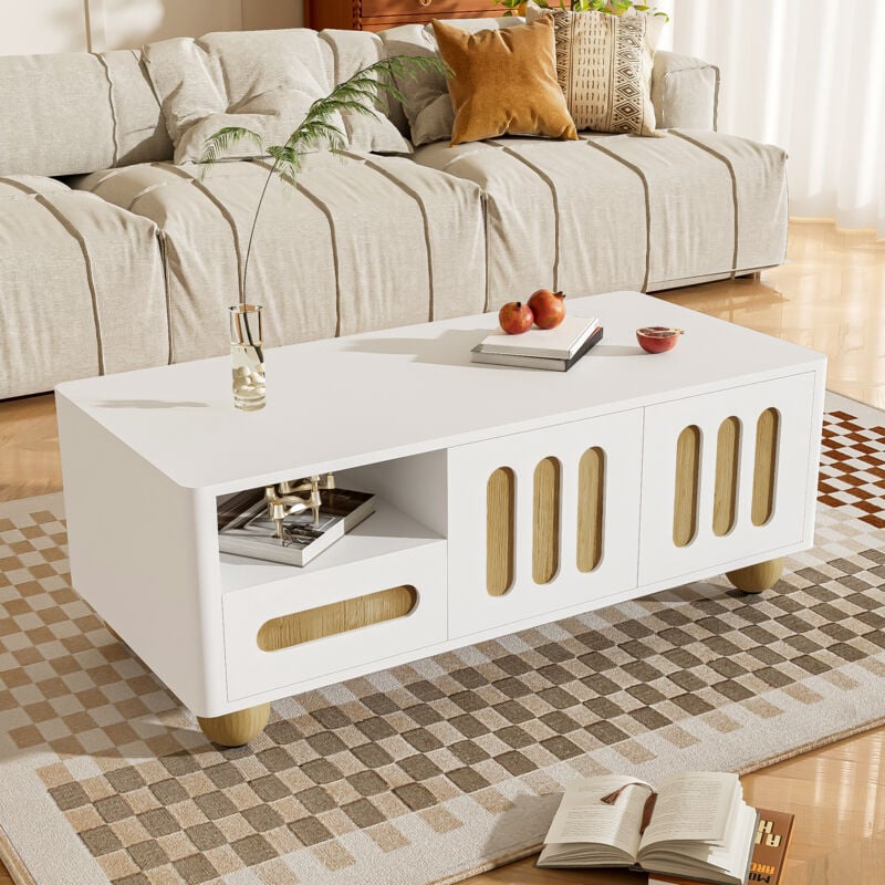 Okwish - Table basse moderne 105x50x40 cm - aspect blanc et bois avec 4 portes, 2 tiroirs et compartiment ouvert, lumière led - coins arrondis, pieds