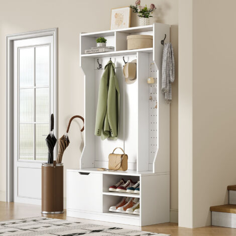 Ensemble armoire, ensemble complet armoire d'entrée avec banc, 6 crochets, 1 porte et 4 compartiments de rangement ouverts - Blanc, 100×185,5×40 cm (L×H×P)