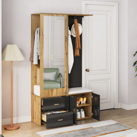 Ensemble armoire, Porte manteau, miroir+patère+meuble à chaussures+2 tiroirs+tringle à vêtements rétractable, Noir+Bois