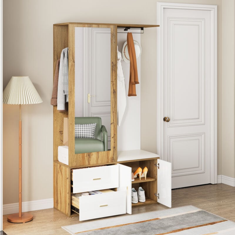 Hauss Spole - Ensemble armoire, Porte manteau, miroir+patère+meuble à chaussures+2 tiroirs+tringle à vêtements rétractable, blanc+naturel