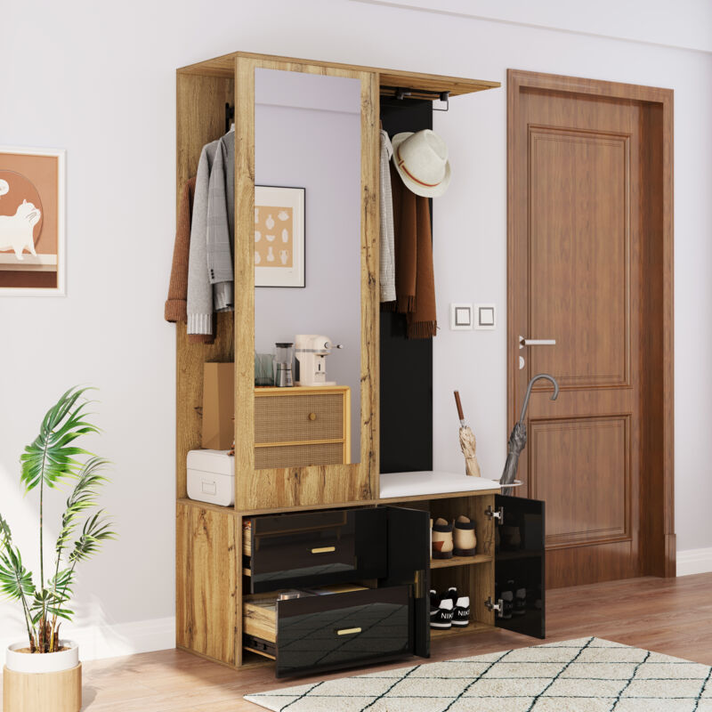 Vestiaire d'entrée 180 cm, Armoire avec miroir, banc à chaussures avec coussin, tiroirs, panneaux de particules, naturel/noir
