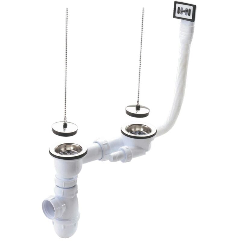 Vidage complet évier grès/synthèse 2 cuves avec siphon et trop-plein Ø84 - percage 60mm