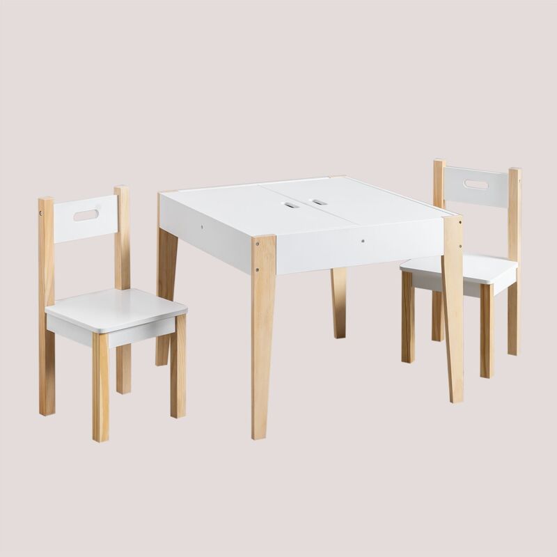 Sklum - Ensemble avec une Table Ardoise avec Rangement et 2 chaises en bois Belfy Kids Blanc