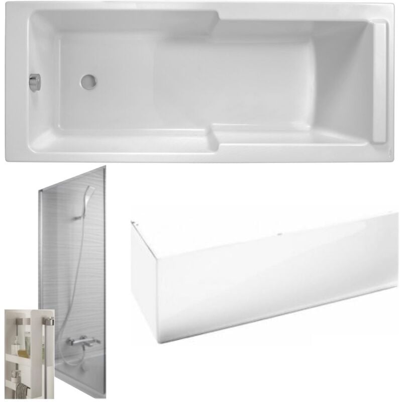 Jacob Delafon - Baignoire bain douche Struktura + pare bain + tablier + étagère 170 x 75