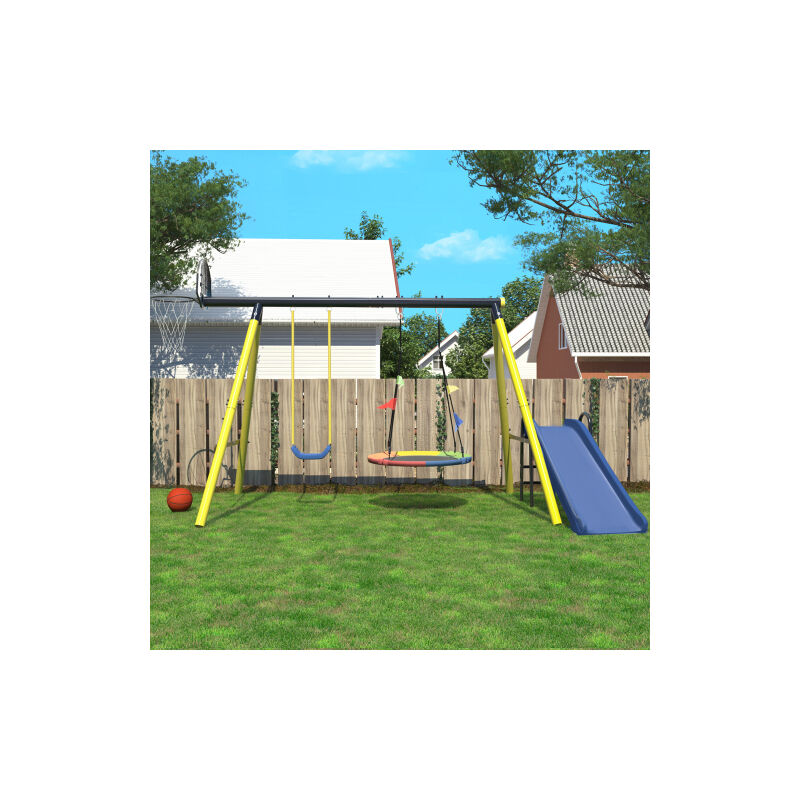 Ensemble balançoire pour enfants avec cadre en métal, balançoire nest Tree, balançoire simple en plastique, basket - ball, basketball stand, slide,