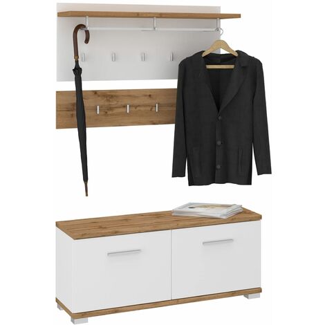 Ensemble banc à chaussures et porte manteau mural VIELLA en mélaminé couleur chêne wotan et blanc