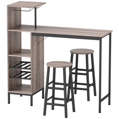Ensemble bar 3 pièces avec rangement - Table haute, 2 tabourets, casier à bouteilles - Idéal petit espace - Couleur gris 121.5x40x122cm