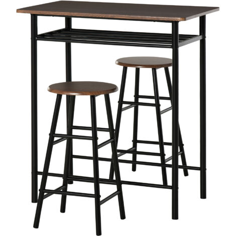 Ensemble Bar 3 Pièces, Table + 2 Tabourets, Étagère, Design Industriel, Noir et Chêne