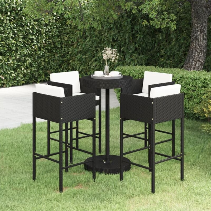 Les Tendances - Ensemble de bar de jardin 5 pcs et coussins Résine tressée Noir