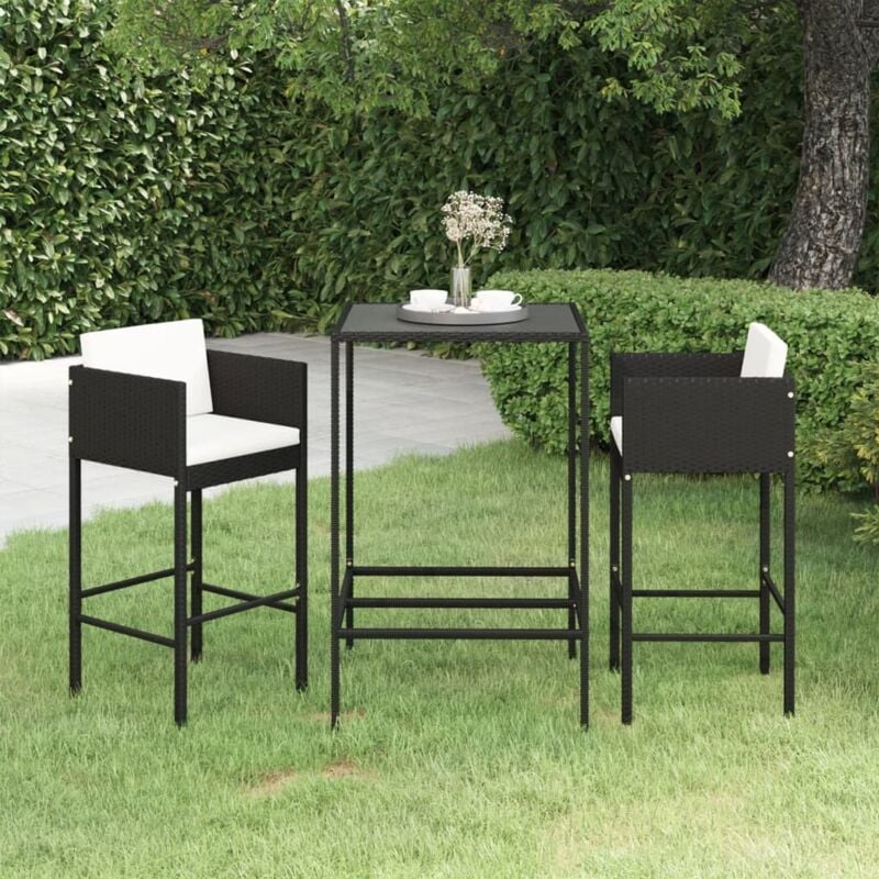 Ensemble de bar de jardin 3 pcs et coussins Résine tressée Noir Vidaxl