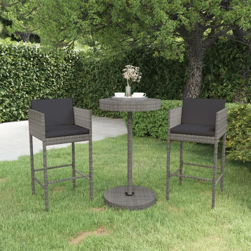 Les Tendances - Ensemble de bar de jardin 3 pcs et coussins Résine tressée Gris vidaXL