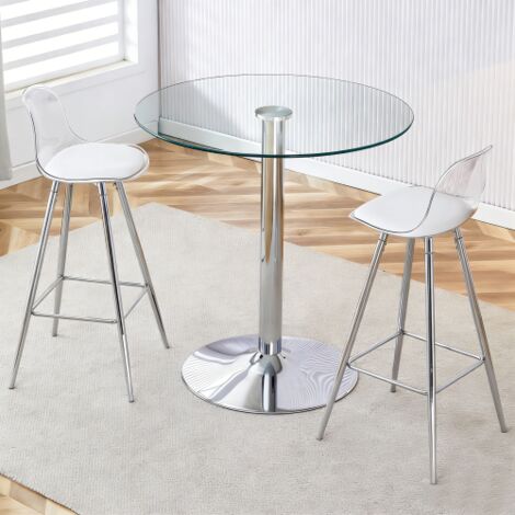Ensemble bar verre rond 89cm 2 bancs argentés cuisine salle à manger bar