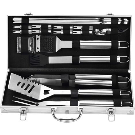Ensemble barbecue renforcé, spatule, fourchette et pinces en acier inoxydable extra-épais. Livré avec accessoires et sac en aluminium - AquaForge