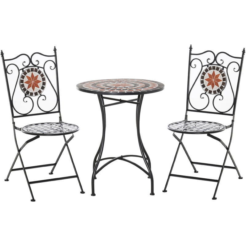Outsunny - Ensemble bistro 2 places 3 pièces style fer forgé mosaïque céramique motif rose des vents chaises pliables métal époxy noir - Noir