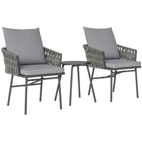 Ensemble bistro 3 pièces rotin gris acier - 2 chaises, table basse + coussins amovibles - Balcon, terrasse, jardin 63x58x69cm