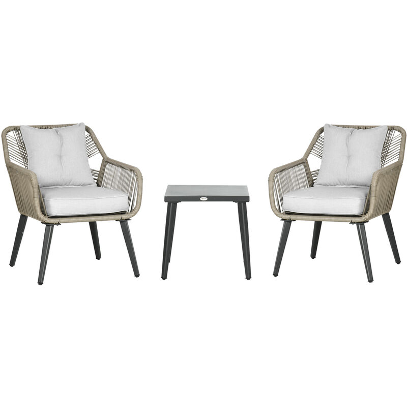 Ensemble bistro de jardin 2 places 3 pièces style contemporain acier époxy noir résine filaire gris clair