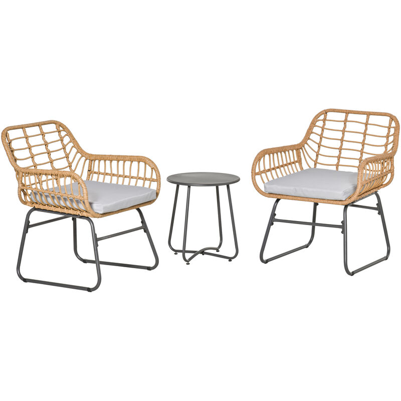 Outsunny - Ensemble bistro de jardin 2 places 3 pièces style exotique 2 fauteuils + table basse résine tressée beige acier époxy gris